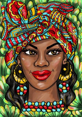 Renkli başörtülü, etnik süslerle güzel Afrikalı kadın, portre çizimi.