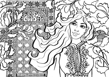 Faslı kadın, geleneksel pencere boyama kitabı sayfası olan geleneksel evde.