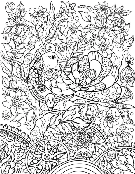 Desenho de livro de colorir pássaros ornamentais em estilo popular, indiano, étnico — Vetor de Stock
