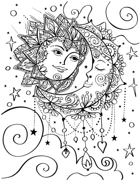Sun and moon bohemian style adult coloring book page — Stock Vector