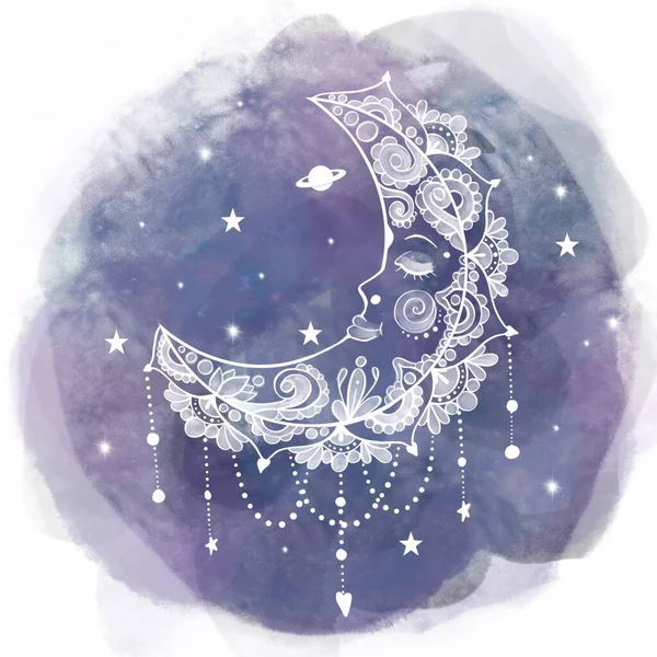 Estilo boheniano lua crescente esboço branco ilustração. Celestial noite céu illustation. — Fotografia de Stock