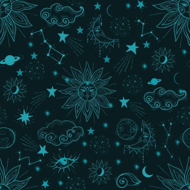 Güneş, ay, yıldızlar ve bulutların uzayda olduğu göksel, pürüzsüz bir yapı.