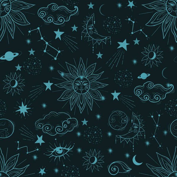 Небесный бесшовный фон с солнцем, луной, звездами и облаками в космосе