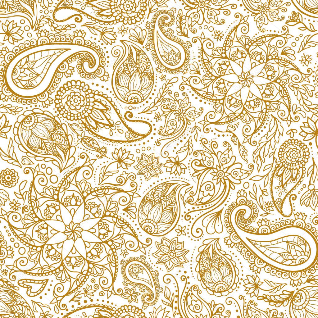 Golden mehndi seamless pattern, vector. Traditional indian style, ornamental floral yoga design