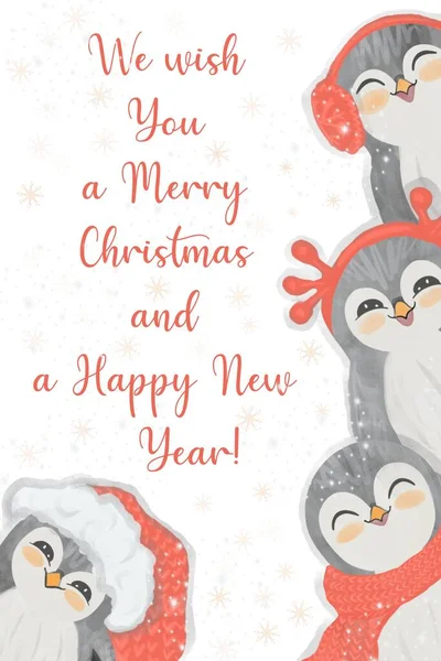 Feliz Navidad y Feliz Año Nuevo tarjeta de felicitación vertical con pingüinos bebé juguetones, vacaciones de invierno postal divertida — Foto de Stock