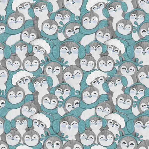 ペンギンの群れ冬のシームレスなパターンの背景 — ストック写真