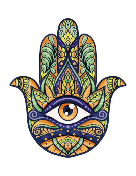 Hint kına dövmeli hamsa eli, süslemeli, beyaz arka planda renkli ve izole.
