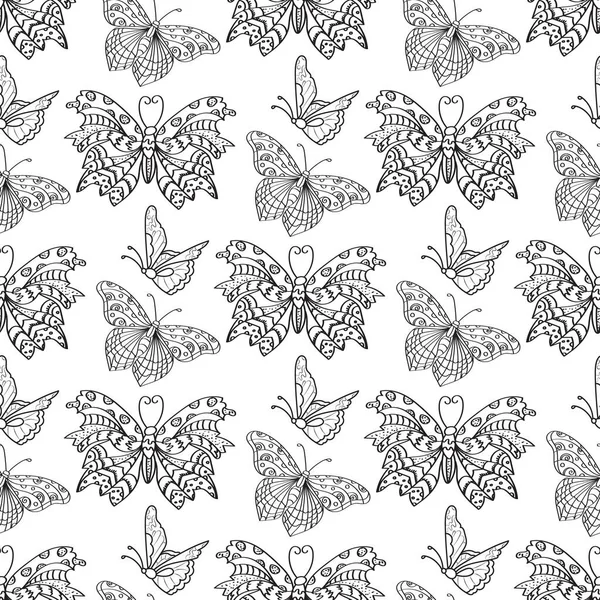 Butterfly silhouette seamless pattern background, curly black outline on white, vector — Stock Vector