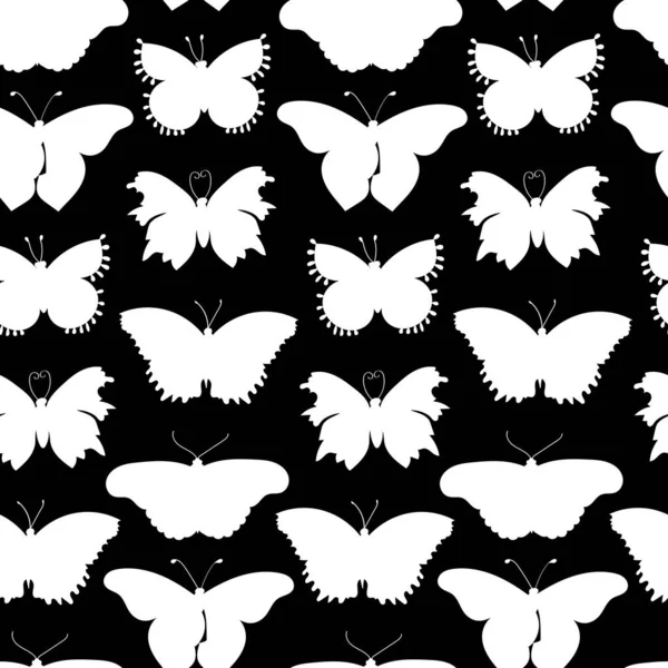 Butterfly white silhouette on white background seamless pattern design, textile fabric pattern, vector — Stock Vector