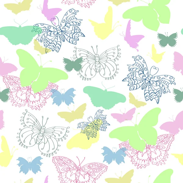 Butterfly rainbow color, multicolored silhouette seamless pattern background, vector — Stock Vector