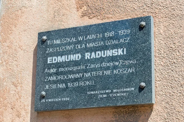 Tczew Polônia Junho 2020 Placa Comemorativa Edmund Radunski Prédio Onde — Fotografia de Stock
