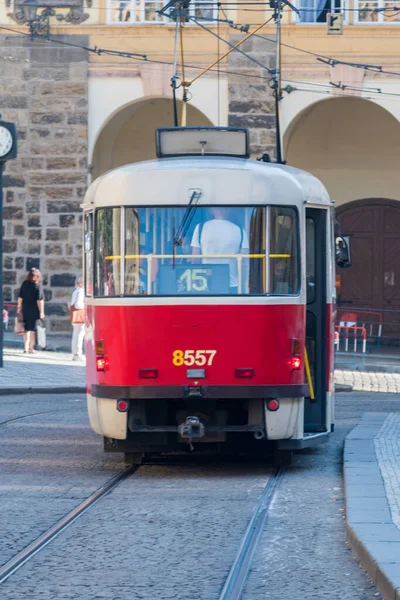 Praag Tsjechië Juli 2020 Praag Oude Retro Vintage Tram Tramhalte — Stockfoto