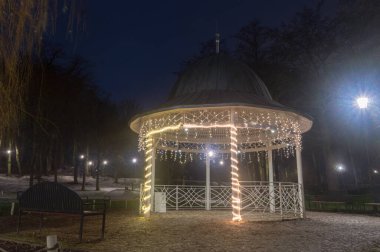 Polonya 'nın Gdansk kentindeki Orunia parkında gece karanlığında yılbaşı aydınlatmalı çardak..