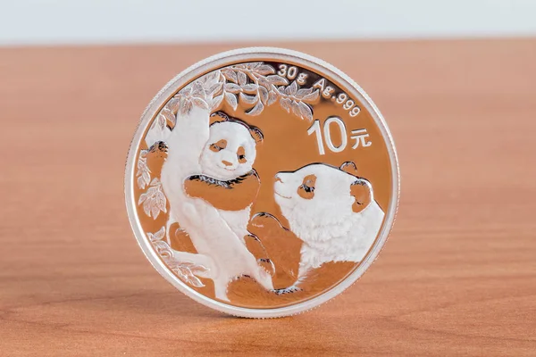 中国银熊猫 Chinese Silver Panda 是由中华人民共和国发行的一系列银元硬币 10元硬币 30克银币 — 图库照片