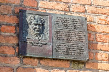 Gdansk, Poland - March 31, 2021: Memorial plaque to Alexander von Humboldt. clipart