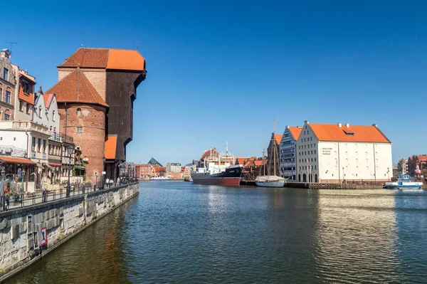 Gdansk Polonia Marzo 2021 Río Motlawa Con Grúa Histórica Barco — Foto de Stock