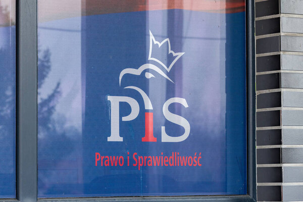 Pruszcz Gdanski, Poland - April 11, 2021: Logo and sign of of PiS Law and Justice (Polish: Prawo i Sprawiedliwosc) political party.