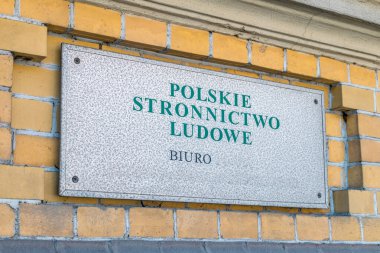 Bytow, Poland - May 31, 2021: Polish People's Party (Polish: Polskie Stronnictwo Ludowe) sign.
