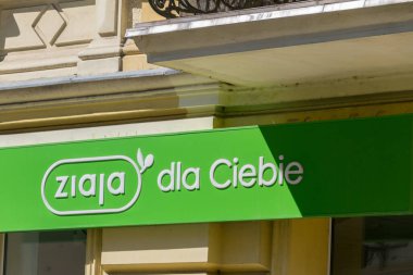 Szczecinek, Poland - May 31, 2021: Logo and sign of Ziaja. Ziaja is a Polish cosmetic company, founded in 1989 by pharmacists Aleksandra and Zenon Ziaj.