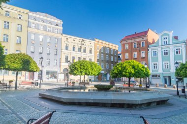 Walbrzych, Poland - June 3, 2021: Water fountain on Market square in Walbrzych.