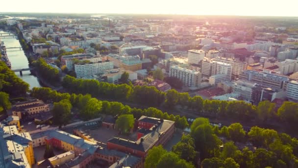 Vista Aérea Atardecer Centro Turku Finlandia — Vídeos de Stock