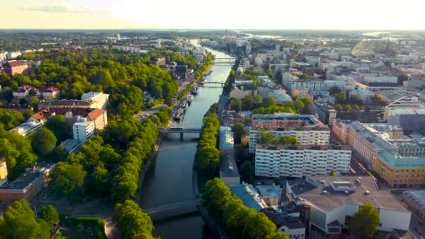 Turku Finnland August 2021 Luftaufnahme Des Sonnenuntergangs Über Aurojoki Turku — Stockvideo