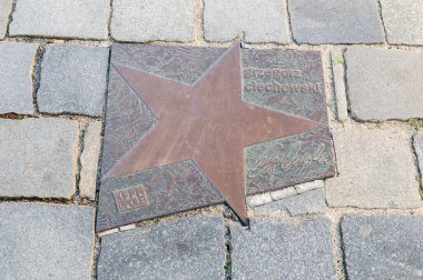 Opole, Polonya - 4 Haziran 2021: Opole 'de Aleja Gwiazd Festivali Polskiej Piosenki' de Grzegorz Ciechowski Yıldızı. Ciechowski Polonyalı bir rock müzisyeni ve film müziği bestecisiydi..