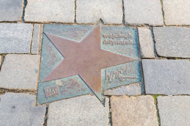 Opole, Polonya - 4 Haziran 2021: Opole 'de Aleja Gwiazd Festiwalu Polskiej Piosenki olarak bilinen Wojciech Mlynarski' nin Yıldızı. Mlynarski Polonyalı şair, şarkıcı, söz yazarı ve yönetmendi..
