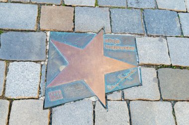 Opole, Polonya - 4 Haziran 2021: Opole 'de Aleja Gwiazd Festiwalu Polskiej Piosenki olarak bilinen Jaroslaw Kukulski Yolu' nun yıldızı. Alicja Majewska Polonyalı bir şarkıcıdır..