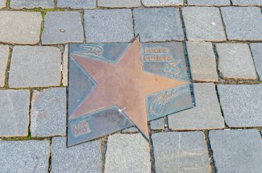 Opole, Polonya - 4 Haziran 2021: Opole 'deki Walk of Fame grubunun yıldızı Aleja Gwiazd Festiwalu Polskiej Piosenki. Suflera, Krzysztof Cugowski tarafından kurulan bir rock grubudur..