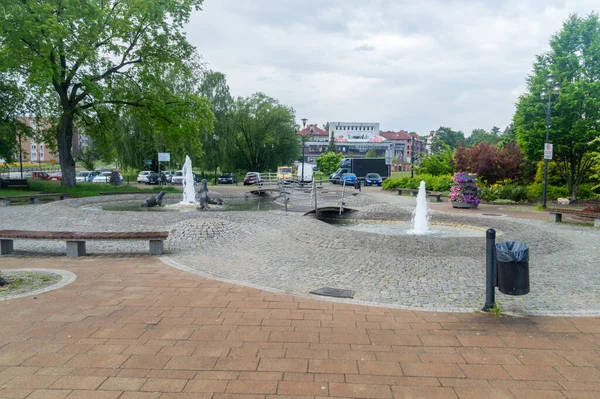 Tychy Polônia Junho 2021 Praça Mercado Com Fonte Com Lontras — Fotografia de Stock
