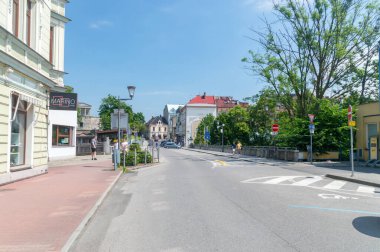 Cesky Tesin, Çek Cumhuriyeti - 5 Haziran 2021: Polonya Cieszyn ile Çek Cesky Tesin arasındaki Olza Nehri üzerindeki dostluk köprüsü. Polonya ile Çek Cumhuriyeti arasındaki sınır köprüsü. Çek sitesinden görüntüle.