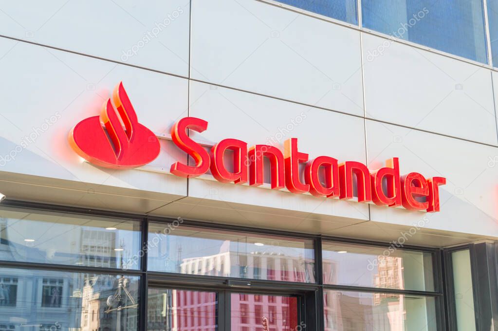 Lodz, Poland - June 7, 2021: Santander logo on Santander bank office. Santander is a spanish bank founded in 1857.