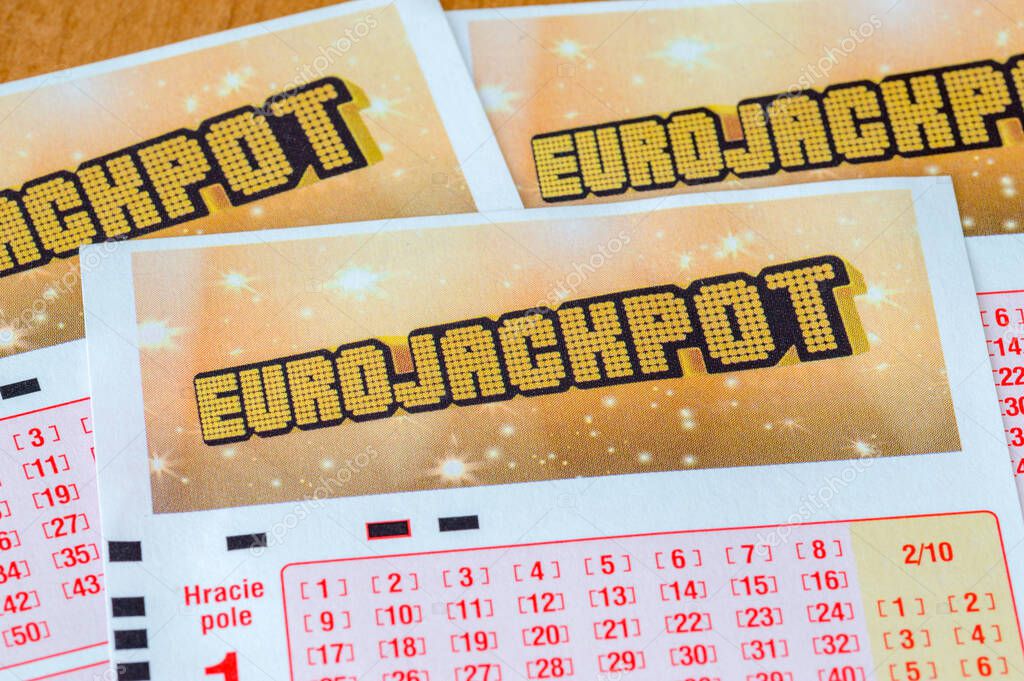 Deblin, Poland - June 14, 2021: Logo of Euro JackPot on lottery ticket.