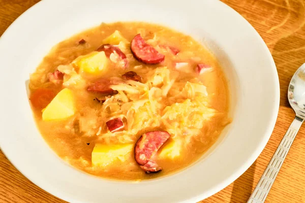 Tasty Homemade Czech Cabbage Soup Zelnacka Potatoes Smoked Bacon Whote — Stock Photo, Image