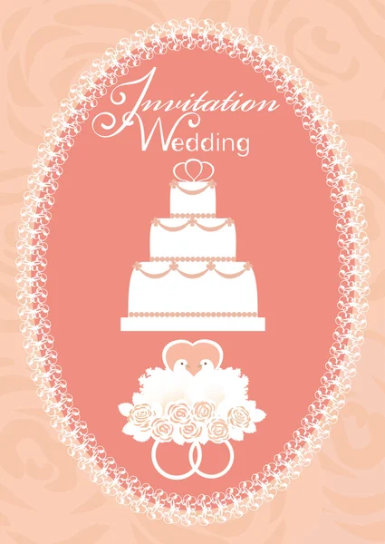 Wedding invitation with cake, doves and wedding rings — Stock Vector
