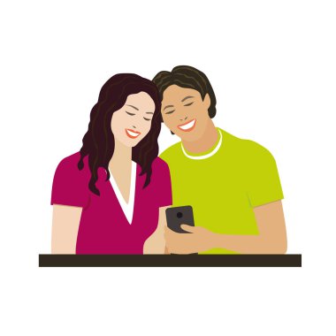 Akıllı telefonlu genç adam ve kadın iletişimi beyaz arka planda izole edilmiş. .