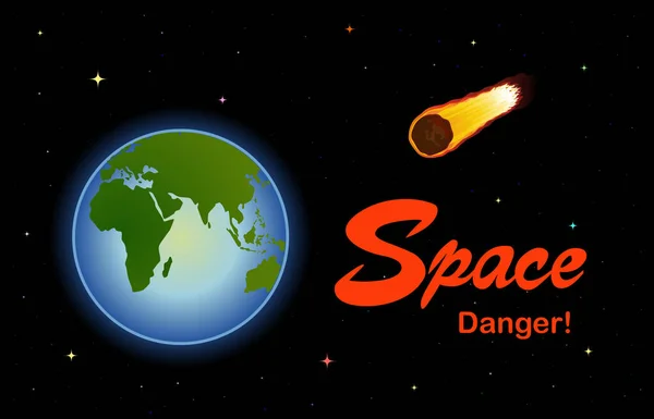 Koncepcja Plakatu Ilustracja Space Danger Czarnym Tle Ogromna Asteroida Zbliża — Wektor stockowy