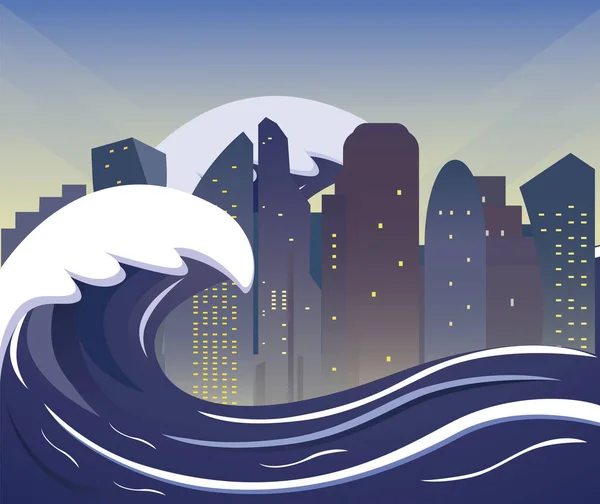 Dev Bir Tsunami Dalgası Metropolü Vurdu Doğal Afet — Stok Vektör