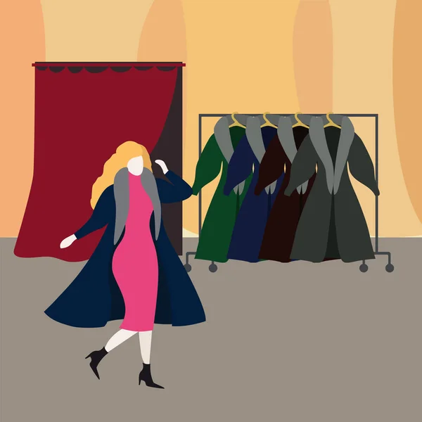Молодая Женщина Магазине Шубки Примеряет Пальто — стоковый вектор