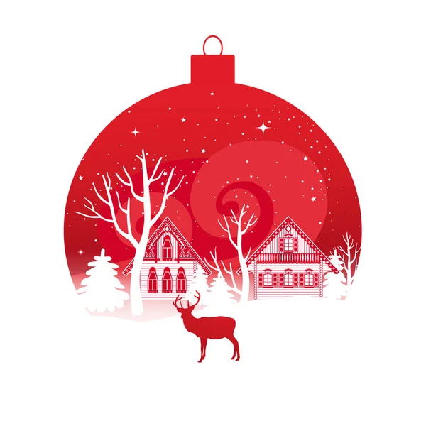 Winter Night Landscape Village Houses Trees Deer Christmas Ball Isolated — 图库矢量图片