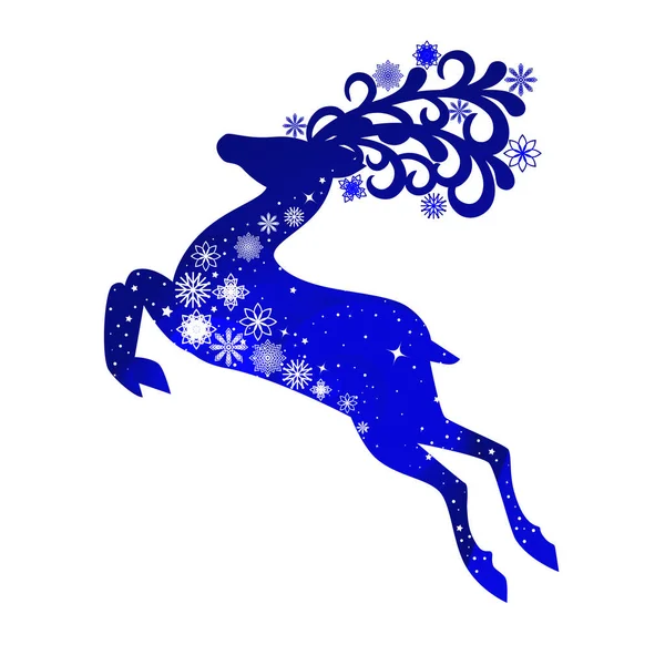 Christmas Blue Decorative Deer Snowflakes Jumping Isolated White Background — Stock Vector