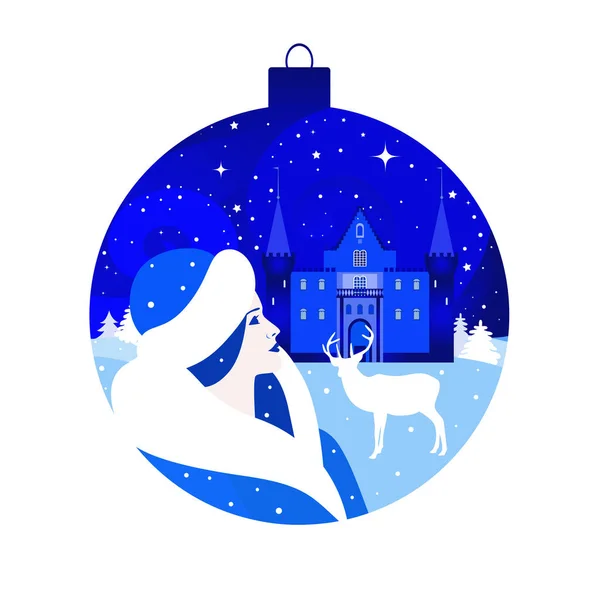 Paisaje Nocturno Invierno Con Castillo Reina Nieve Ciervos Ventisca Árboles — Vector de stock