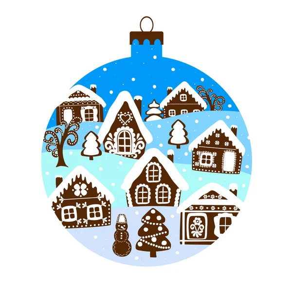 Christmas Ball Winter Landscape Gingerbread Painted Houses Christmas Tree Snowman — Stock Vector