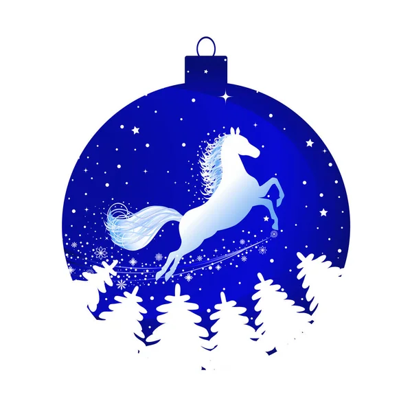 Palla Natale Con Cavallo Neve Alberi Fiocchi Neve Stelle Isolate — Vettoriale Stock