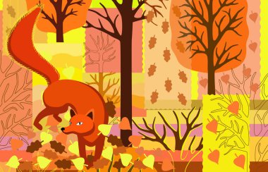 Tilki, ağaç ve yapraklarla yama tarzında sonbahar arkaplanı.