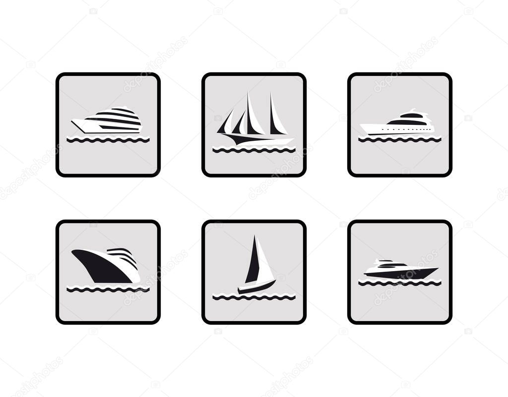 Set with silhouettes of yachts, sailboats and cruise liners on a white background. Vector black and white icons with marine passenger transport.