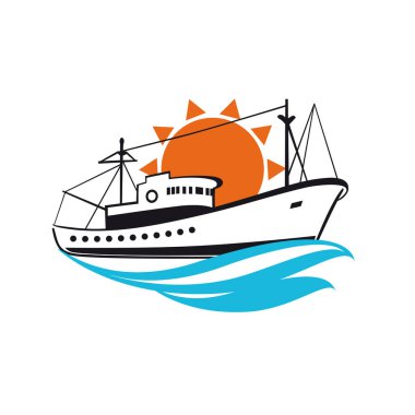 Fishing vessel logo emblem with sun isolated on a white background.