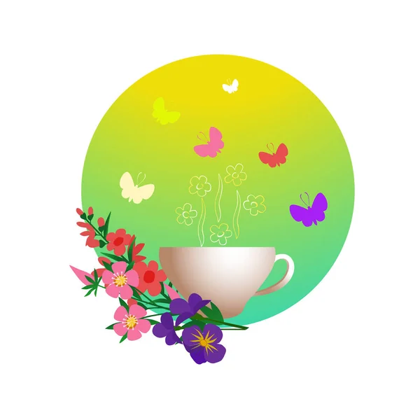 Teáscsésze Teával Vadvirágokkal Elszigetelt Pillangókkal Virág Tea Reklám — Stock Vector