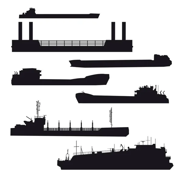 黒のアイコンは 白い背景に隔離されたバージのシルエットを設定します 海と川の貨物輸送 — ストックベクタ